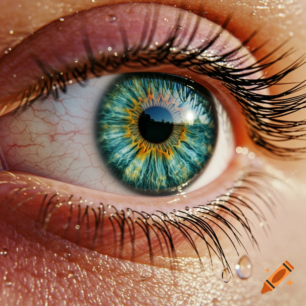 Extreme close-up of a human eye with a vibrant teal and gold iris and water droplets, photorealistic style.