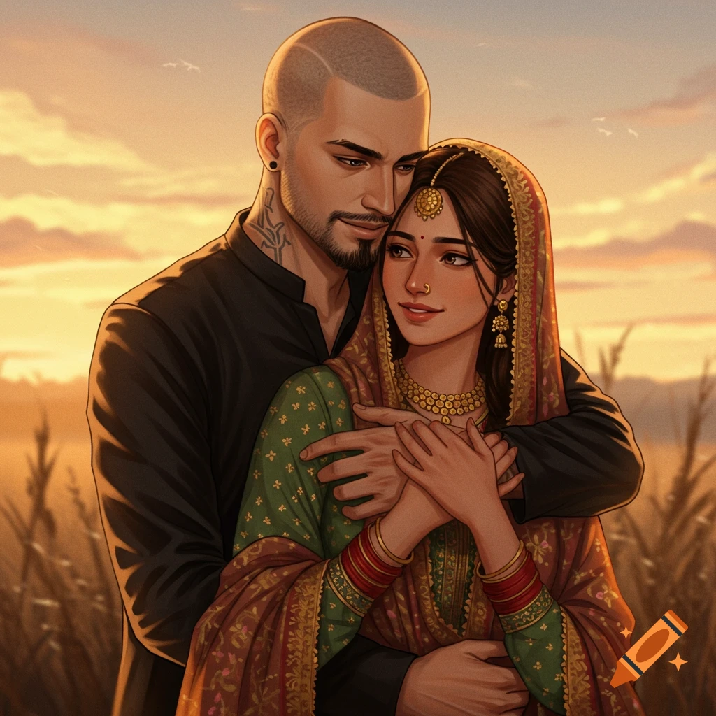 A romantic digital illustration of a couple embracing at sunset in a field, the woman in traditional South Asian attire, the man with a shaved head.