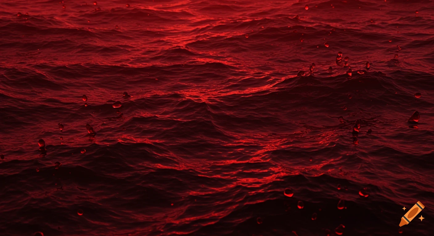 Close-up of dark red turbulent water with ripples and splashes, illuminated by a deep red light.