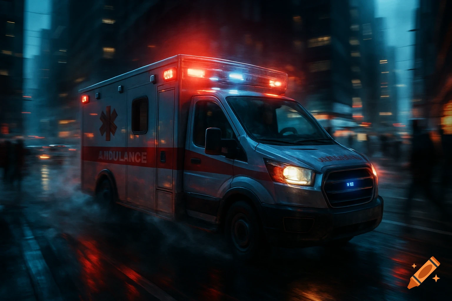 A photorealistic ambulance with flashing red and blue lights speeding down a dark, wet city street at night, blurred with motion.