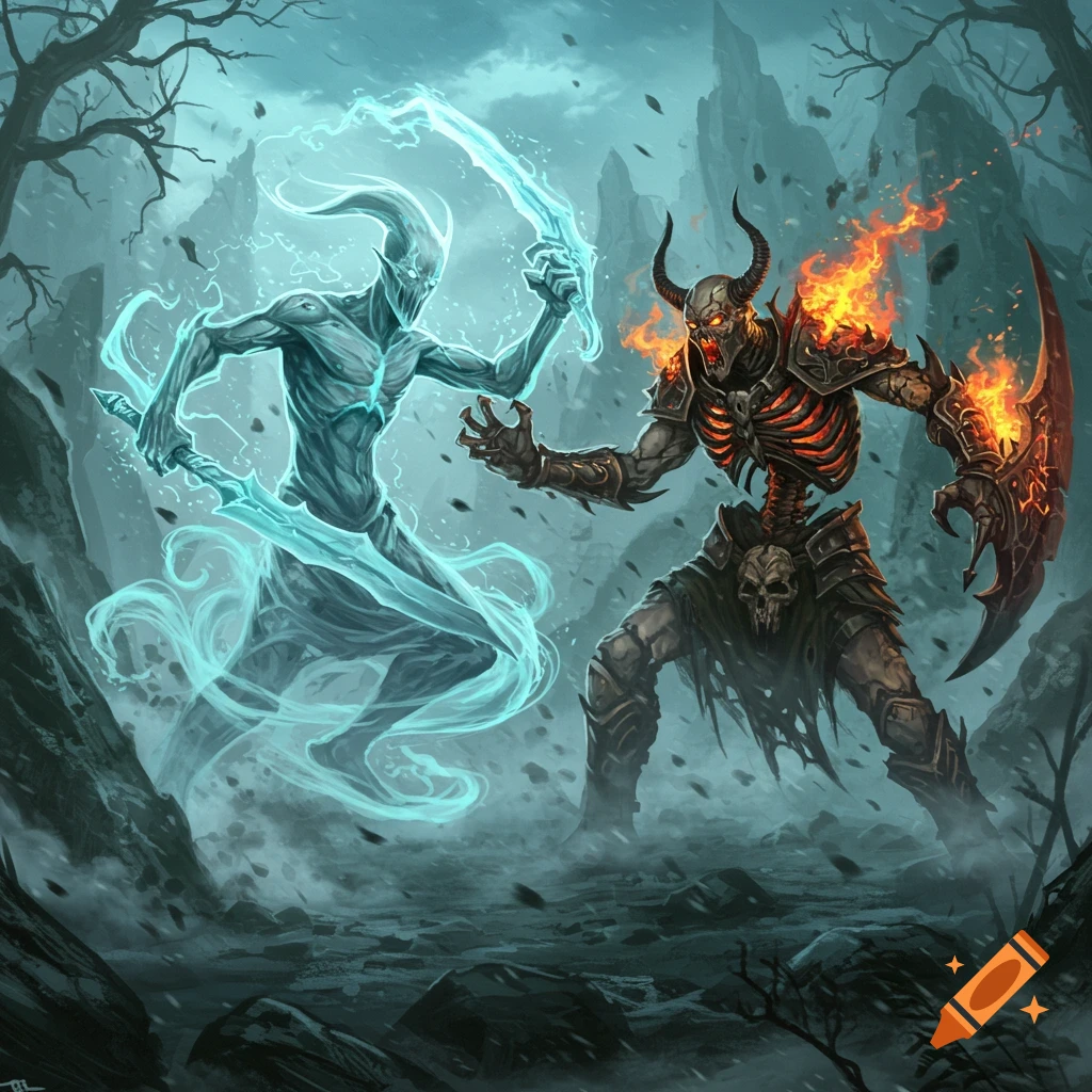 A glowing blue mist creature battles a fiery skeletal demon in a desolate, rocky landscape, depicted in a detailed fantasy art style.