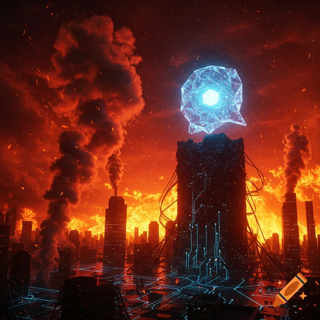 A dystopian futuristic city engulfed in red fire and thick smoke, with a glowing blue geometric crystal above a circuit-patterned tower.