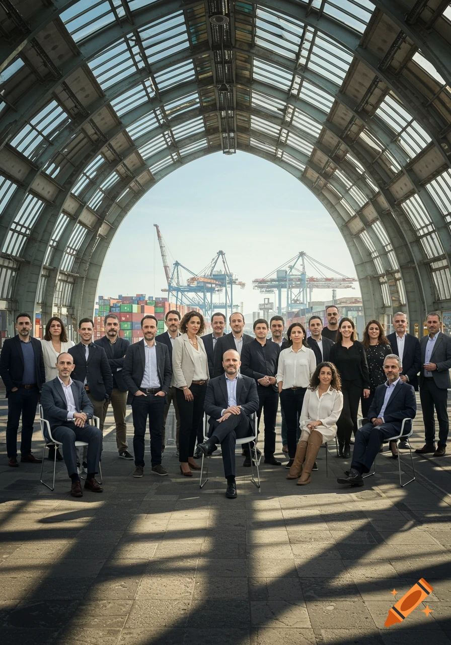 A professional group of business executives poses confidently in a large arched structure with a busy shipping port in the background.