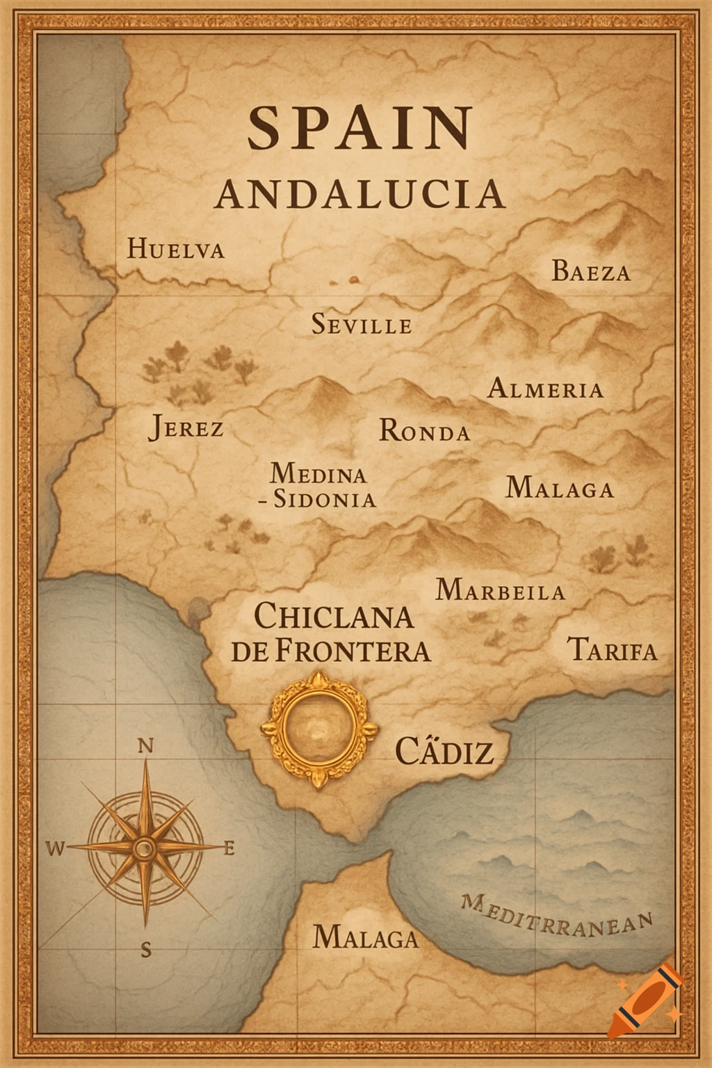 An antique-style map of Spain, focusing on the region of Andalusia, featuring cities like Seville, Malaga, and Cádiz, with a compass rose in the bottom left.