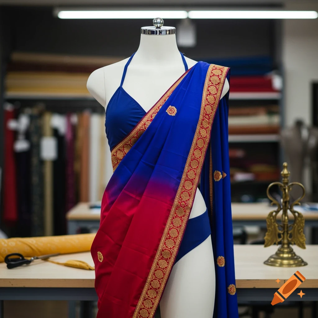 A mannequin wearing a blue swimsuit and a red and blue ombr t é sari with gold embroidery.