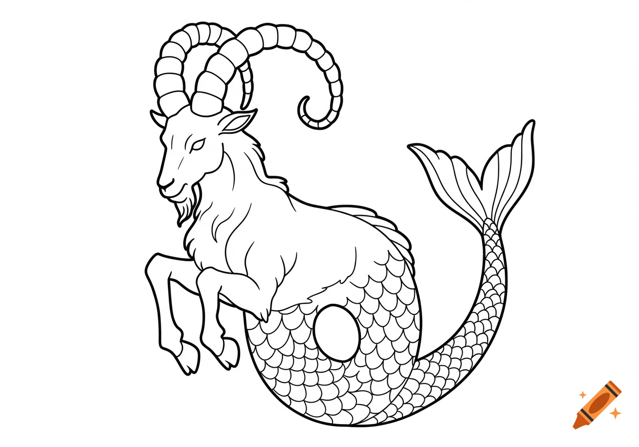 Black outline drawing of a Capricorn, a creature with a goat's head and front legs, and a fish's scaly tail.