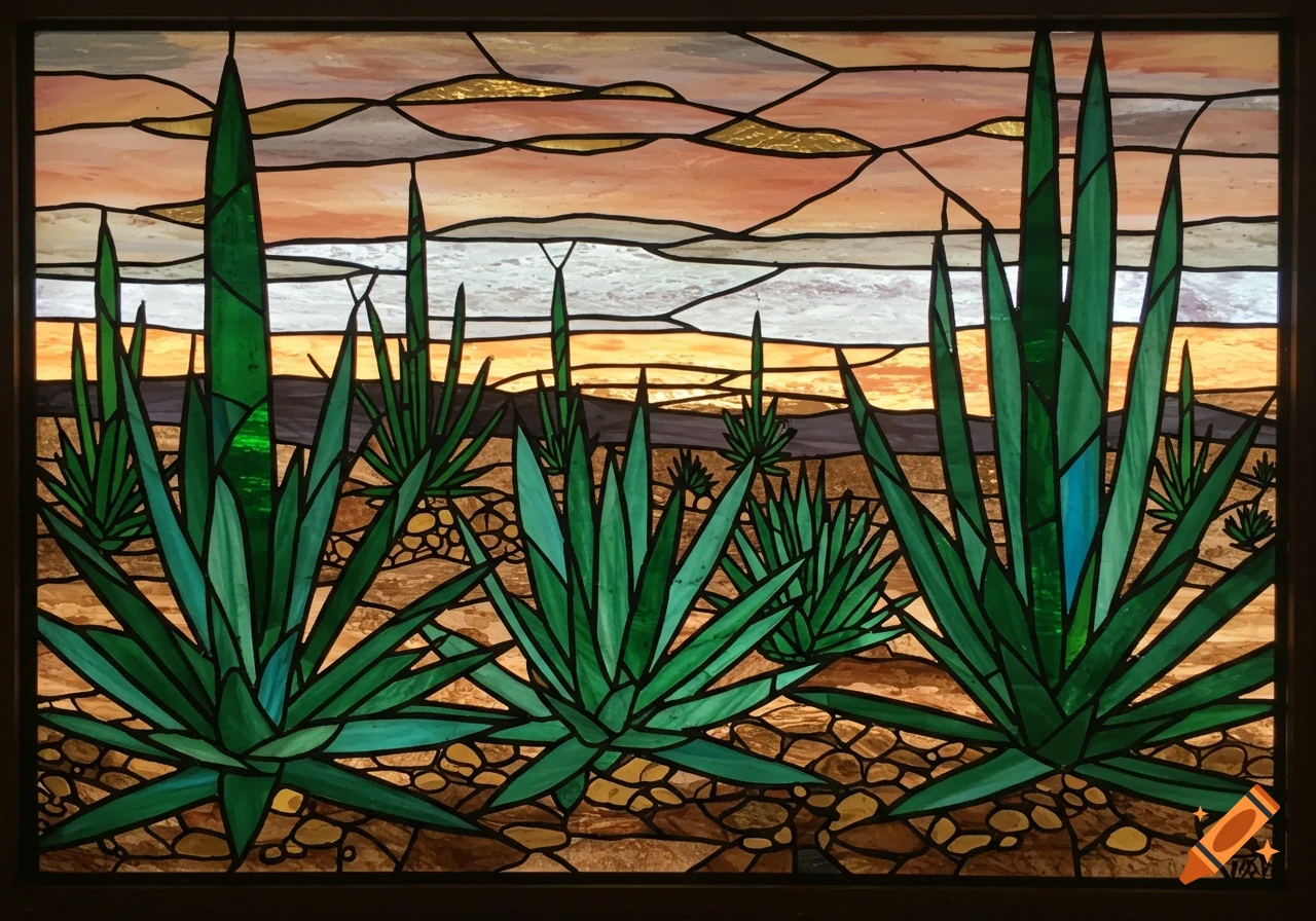 Stained glass art depicting a desert landscape with various agave plants under a warm, cloudy sky.