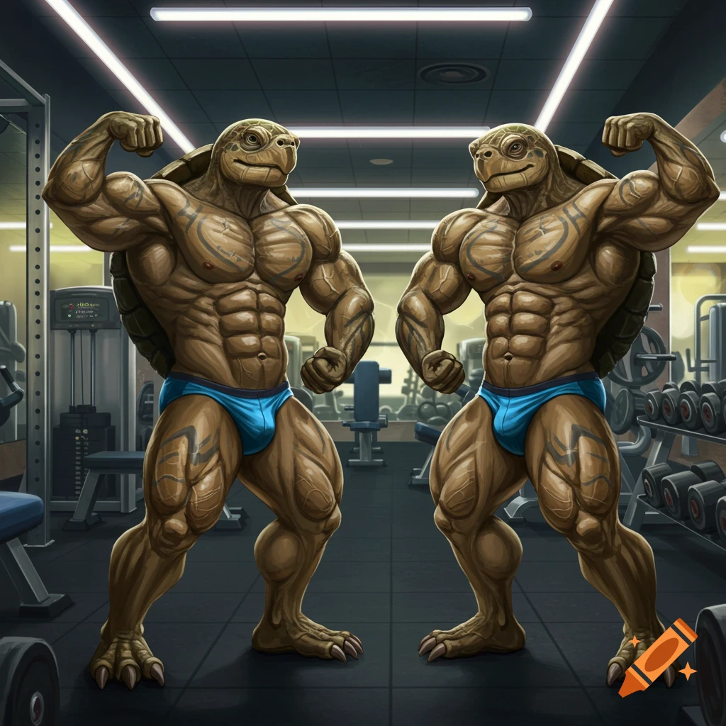 Two muscular anthropomorphic turtles in blue speedos flexing in a gym ...