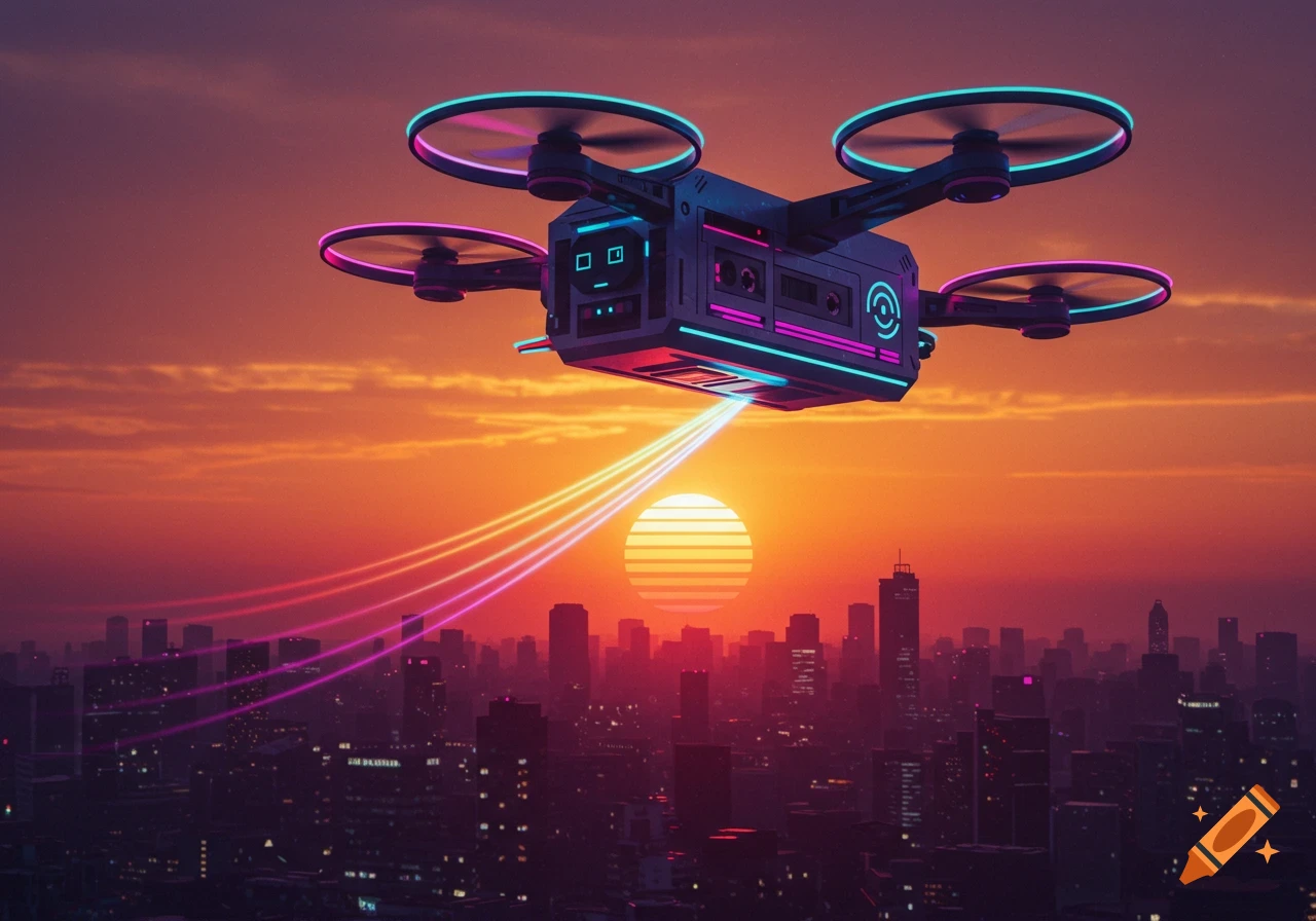 A retro-futuristic drone with neon lights flies over a dark city skyline at sunset, emitting glowing pink and yellow beams.
