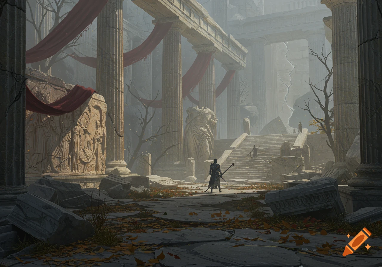 A lone figure stands amidst the crumbling columns and fallen statues of a vast, ruined ancient Greek-style temple in a dark fantasy setting.