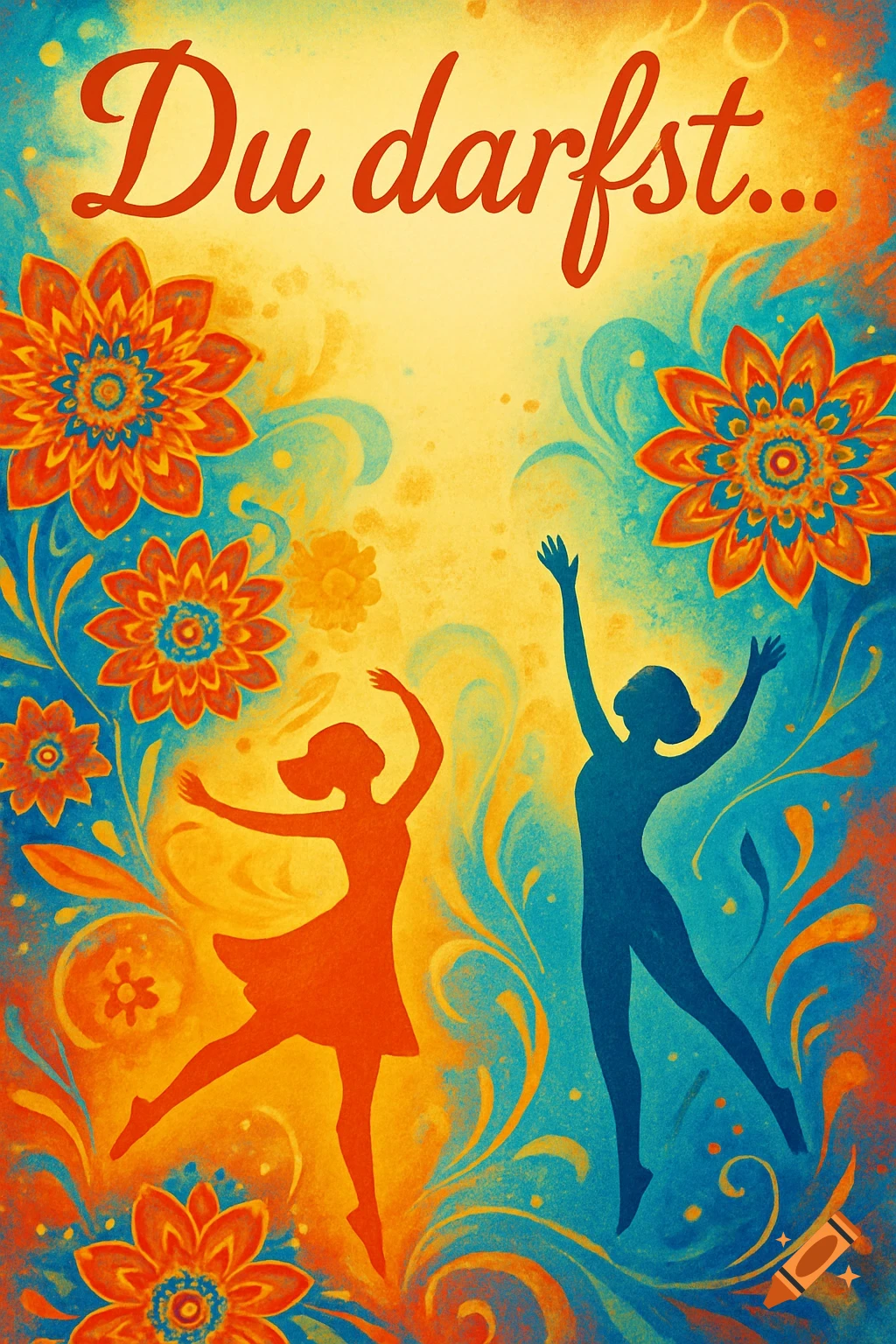 Colorful illustration of two silhouetted women dancing amidst vibrant floral patterns, with 'Du darfst...' written at the top.