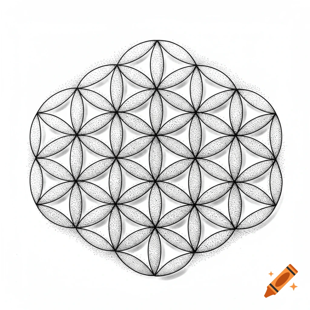 A black and white stippled 'Flower of Life' geometric pattern with subtle shading, resembling an indented tattoo design.