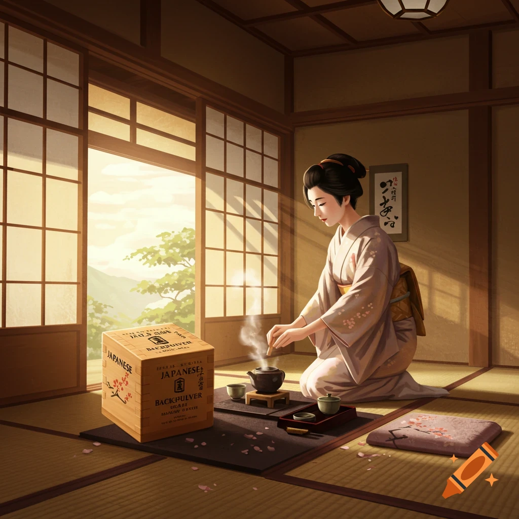 A Japanese woman in a kimono kneels in a traditional room, performing a tea ceremony beside a wooden box with "JAPANESE BACKPULVER" text, with sunlight streaming through shoji screens.