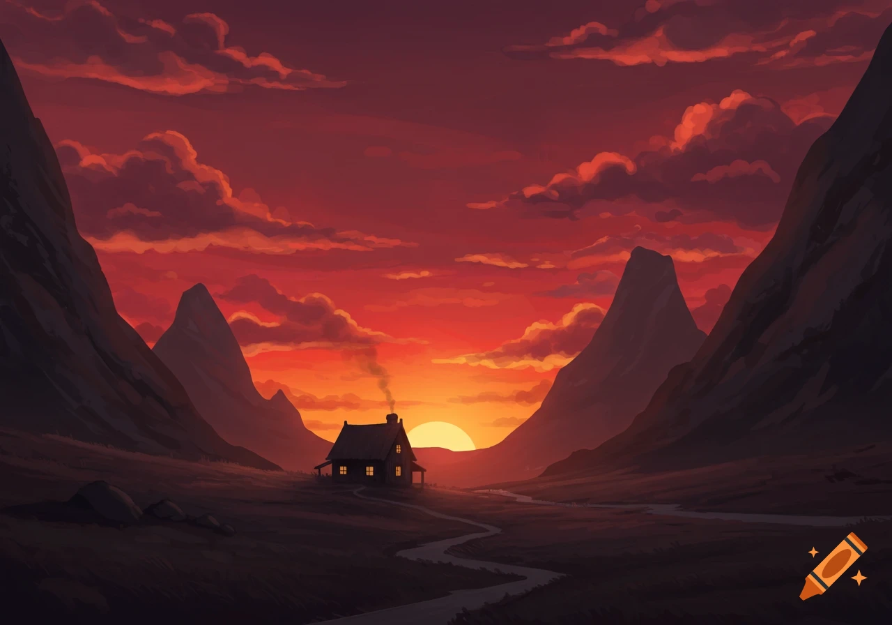 A cozy cabin with glowing windows sits in a valley between mountains, silhouetted against a dramatic reddish-orange sunset sky with clouds, with a winding path leading to it.