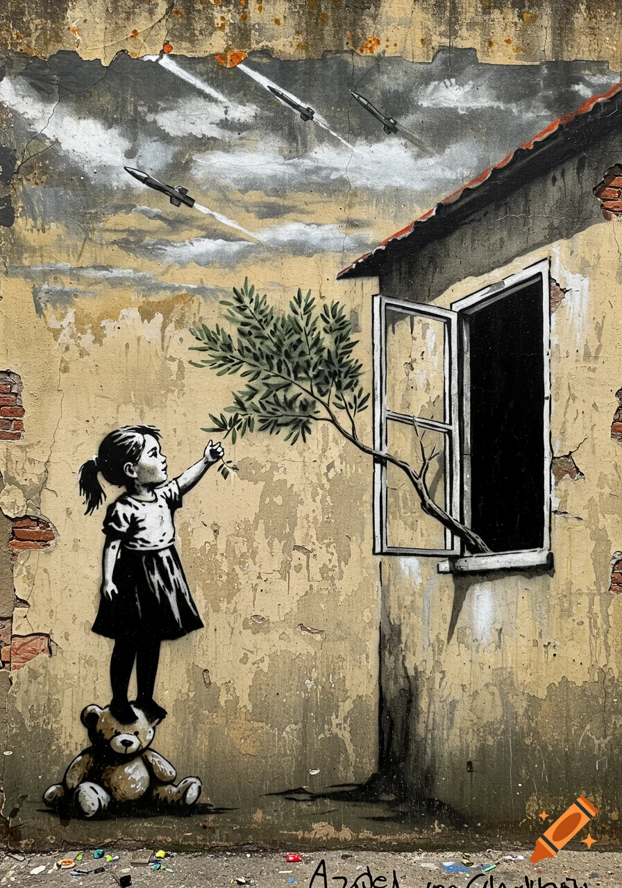 A Banksy-style stencil mural on a weathered wall depicts a girl standing on a teddy bear, reaching for an olive branch extending from a window, with missiles in the sky.