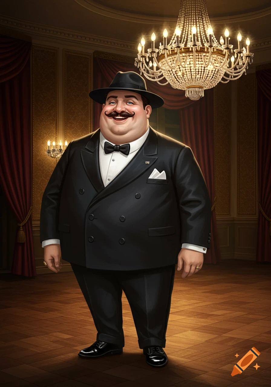 A smiling, portly man with a mustache in a black fedora and double-breasted tuxedo stands in a grand ballroom with a chandelier.