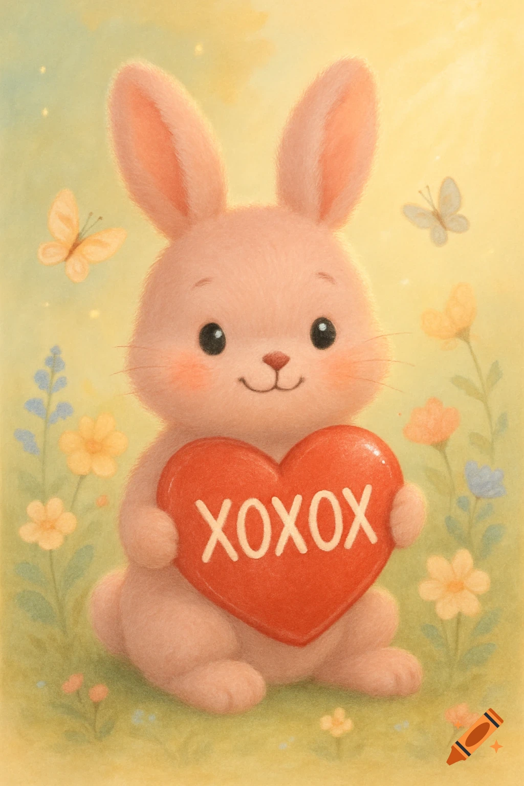 A cute pink bunny holding a red heart with 'XOXOX' on it, surrounded by flowers and butterflies in a soft illustration.