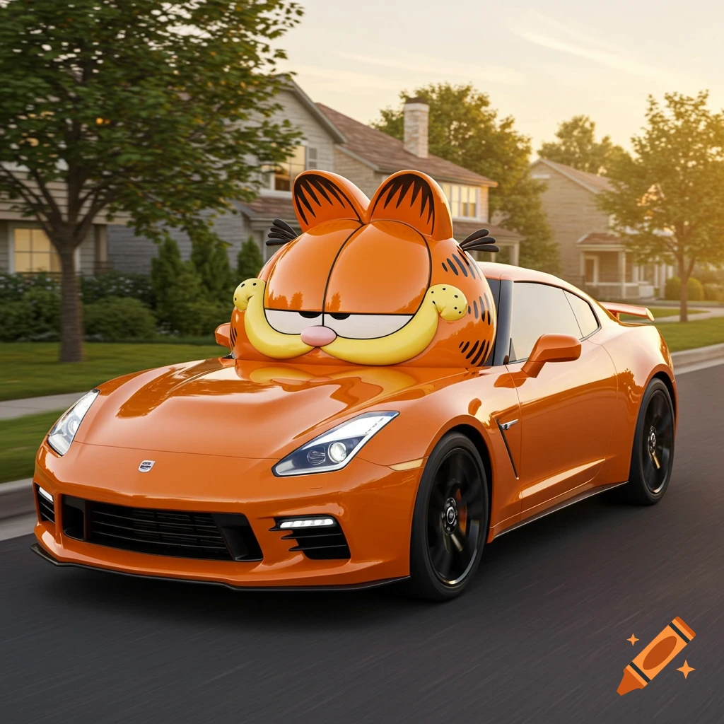 An orange sports car with a large Garfield head on its hood drives down a suburban street at sunset.
