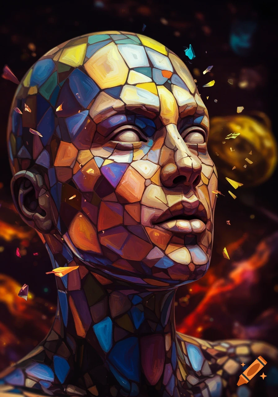 A colorful mosaic portrait of a person's head and shoulders, fractured into geometric pieces, looking upward.