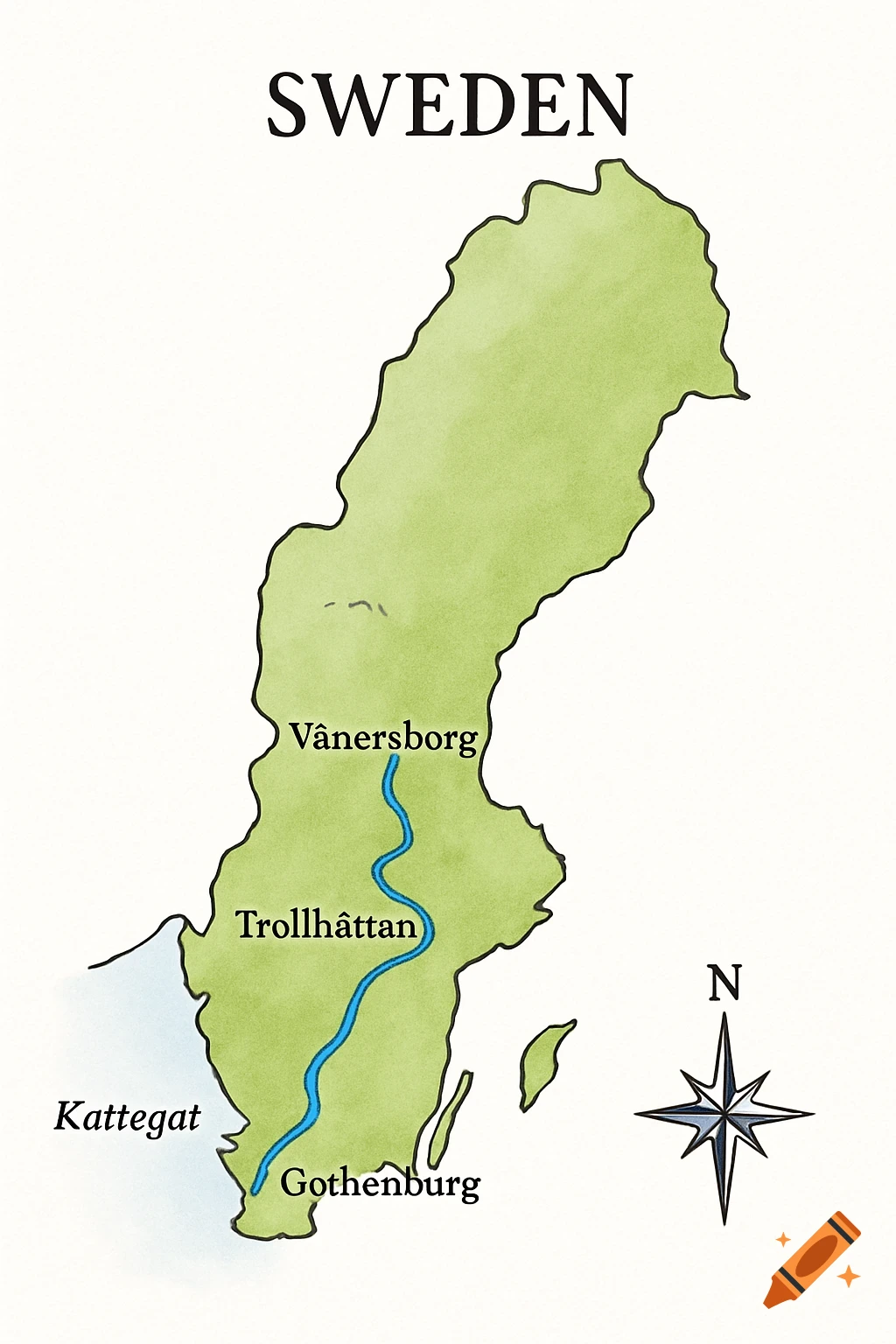 A watercolor-style map of Sweden with cities Vänersborg, Trollhättan, Gothenburg, the Göta älv river, and the Kattegat sea, with a compass.