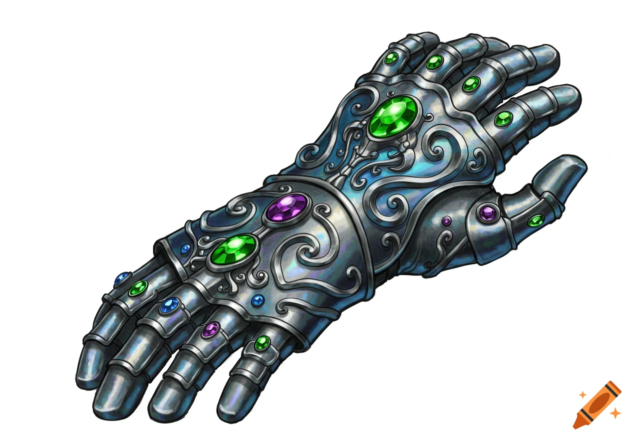 Ornate silver fantasy gauntlet adorned with green, purple, and blue gemstones in a D&D style.