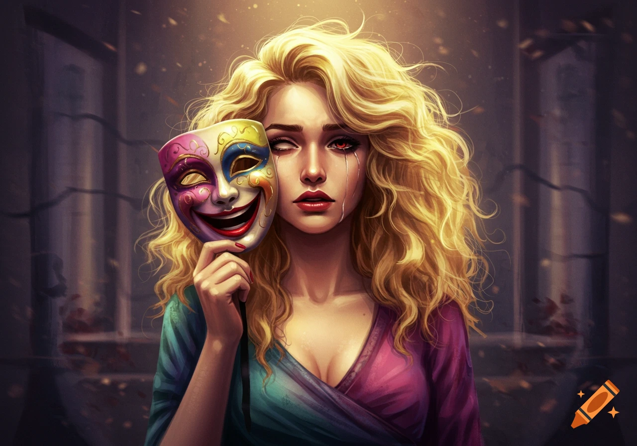A blonde woman with a sad, red-eyed face holds a colorful, smiling mask half-removed, revealing her true emotions.