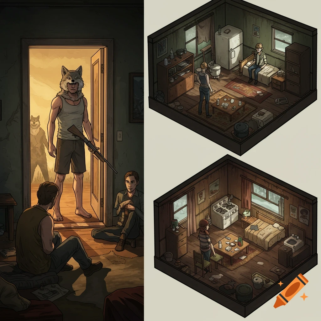 Split image: left, a comic-style scene with a man in a wolf mask holding a rifle in a doorway; right, two isometric views of a messy room.