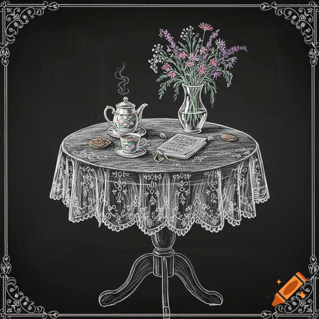 Chalk drawing on a blackboard of a round table with a lace tablecloth, teapot, teacup, open book, and wildflowers in a vase.