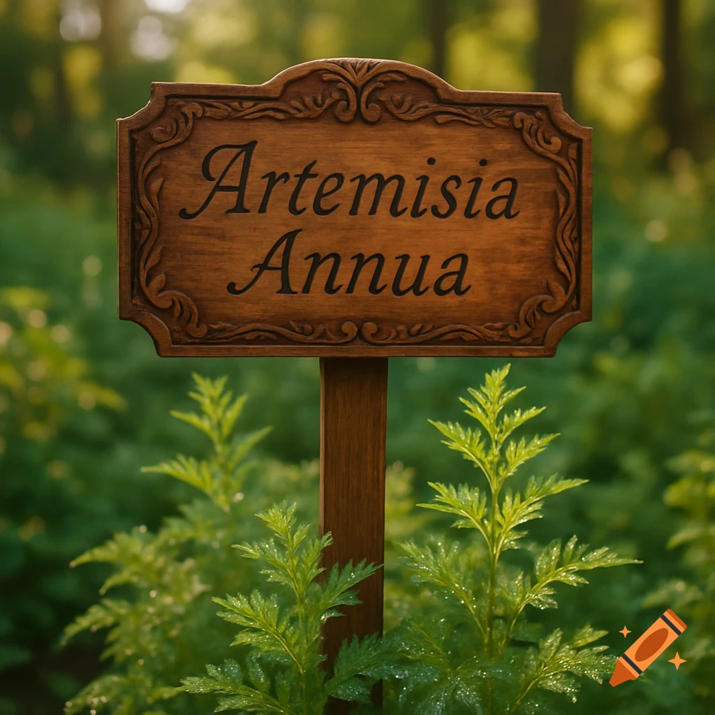 A wooden sign reading 'Artemisia Annua' stands amidst lush green foliage, bathed in sunlight.