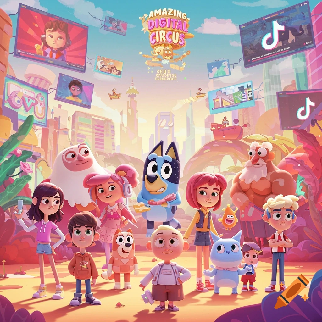 A group of diverse cartoon characters, including Bluey and characters from The Amazing Digital Circus, stand in a colorful digital city with floating screens displaying logos like TikTok.