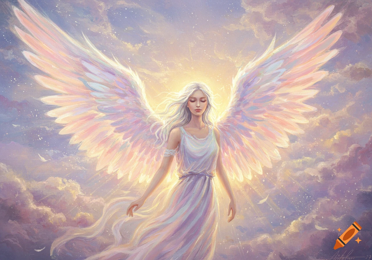 A serene, white-haired angel with large, glowing pastel wings and a flowing white dress stands in a luminous, cloudy sky.