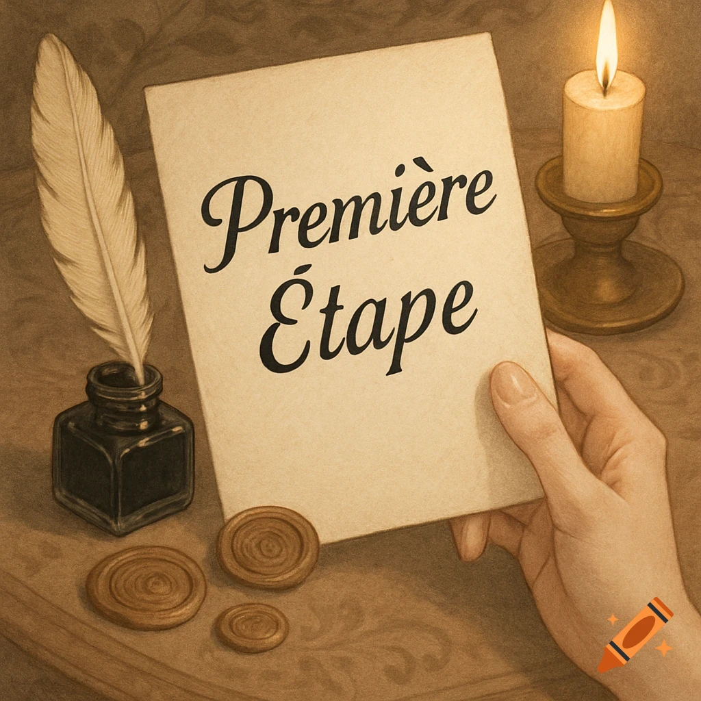 A hand holds a paper with 'Premi d re E tape' next to a quill, inkwell, wax seals, and a lit candle on a wooden desk, in a vintage style.