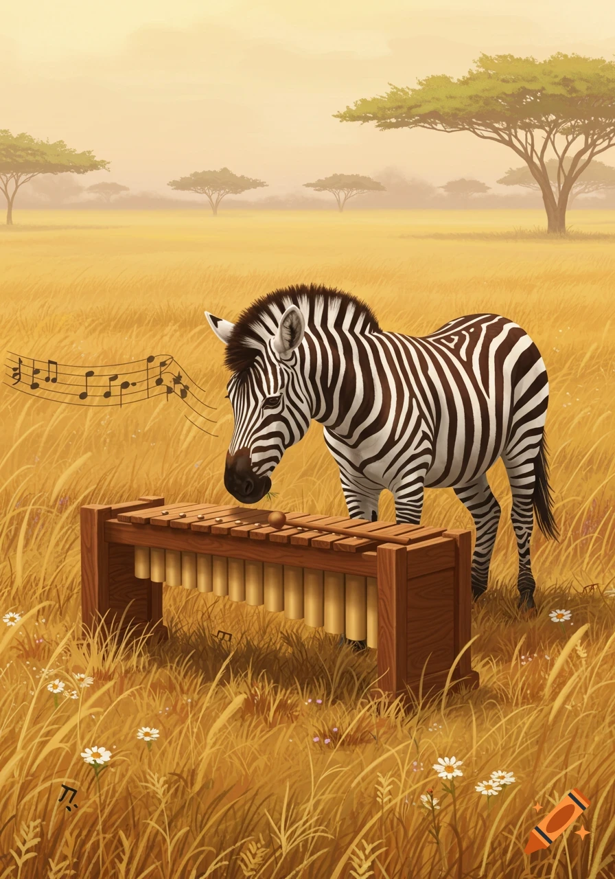A zebra plays a wooden xylophone in a grassy savanna under a hazy sky, with musical notes floating around.