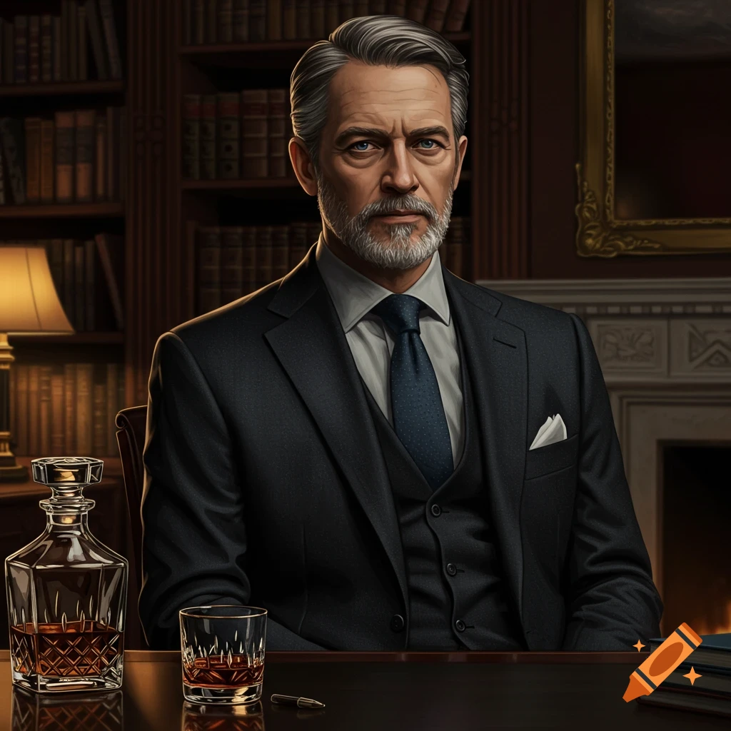Photorealistic portrait of a distinguished grey-haired man in a suit, seated at a desk with a whiskey decanter in a classic study.