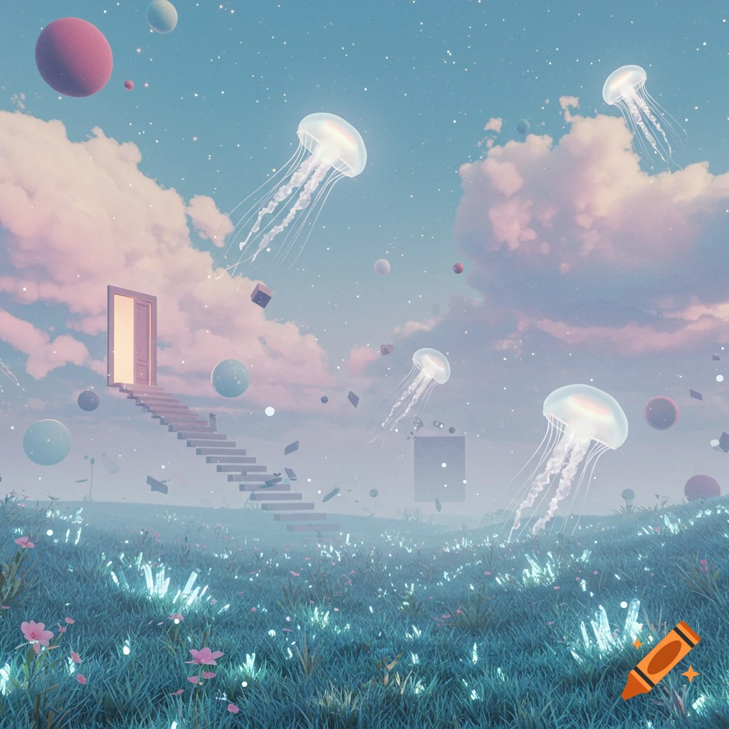 A surreal dreamcore landscape with glowing jellyfish floating in a pastel sky with pink clouds, a door at the top of stairs, and glowing crystals in a grassy field.