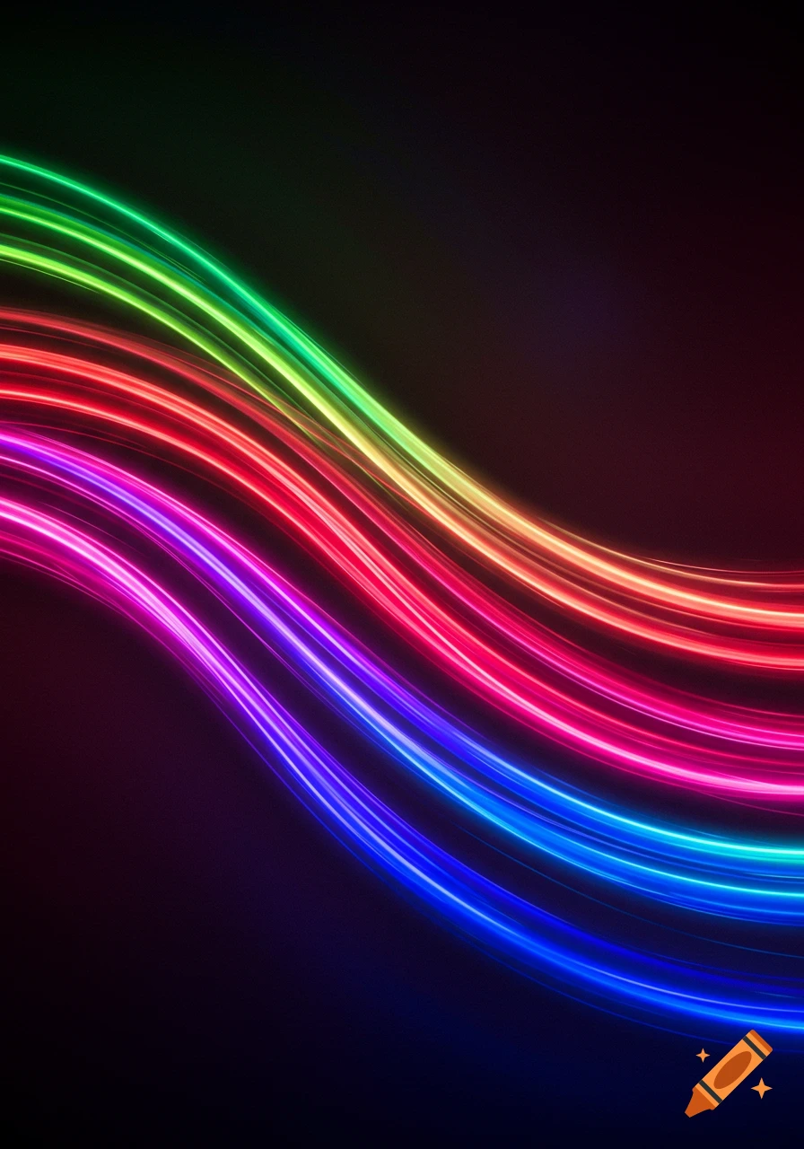 Abstract wavy light trails in rainbow colors glowing against a dark background.