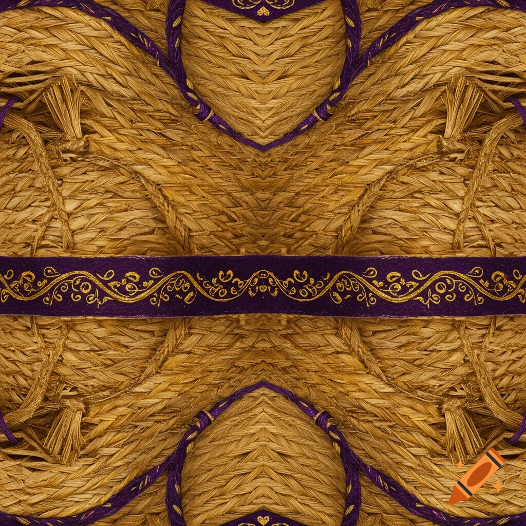 Looping texture of woven straw sombrero crown with a purple and gold ornate band.