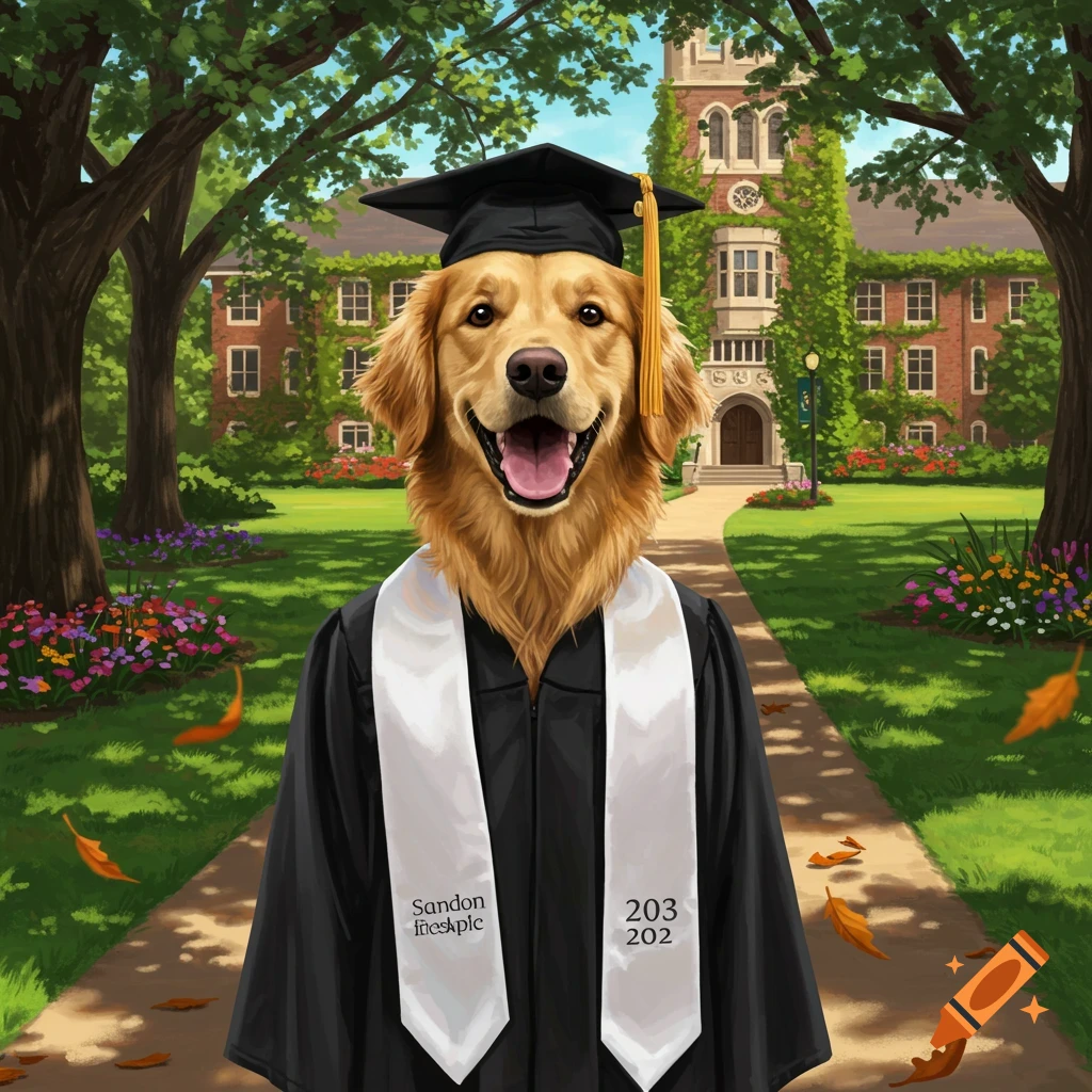 A smiling golden retriever wearing a black graduation cap and gown stands on a path in front of a university building.