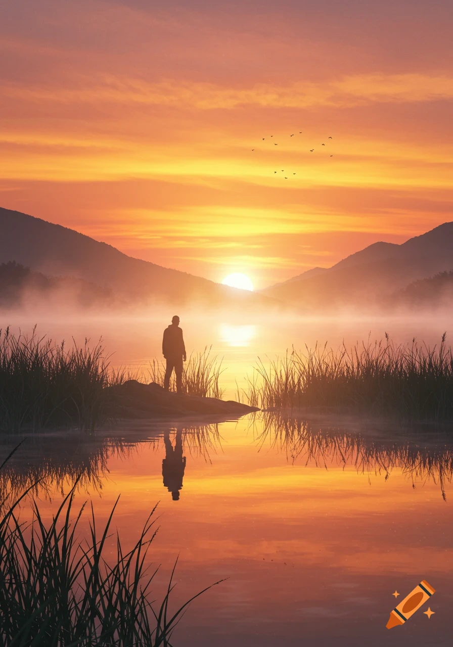 A lone figure stands silhouetted against a vibrant orange and yellow sunrise over a misty lake, surrounded by tall grass, with mountains in the background.