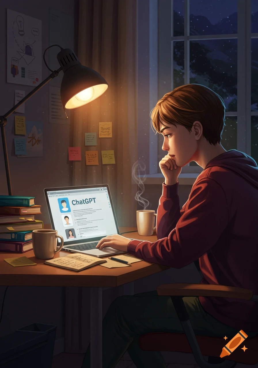 A pensive student sits at a desk at night, illuminated by a lamp, using a laptop with ChatGPT open, in a digital art style.