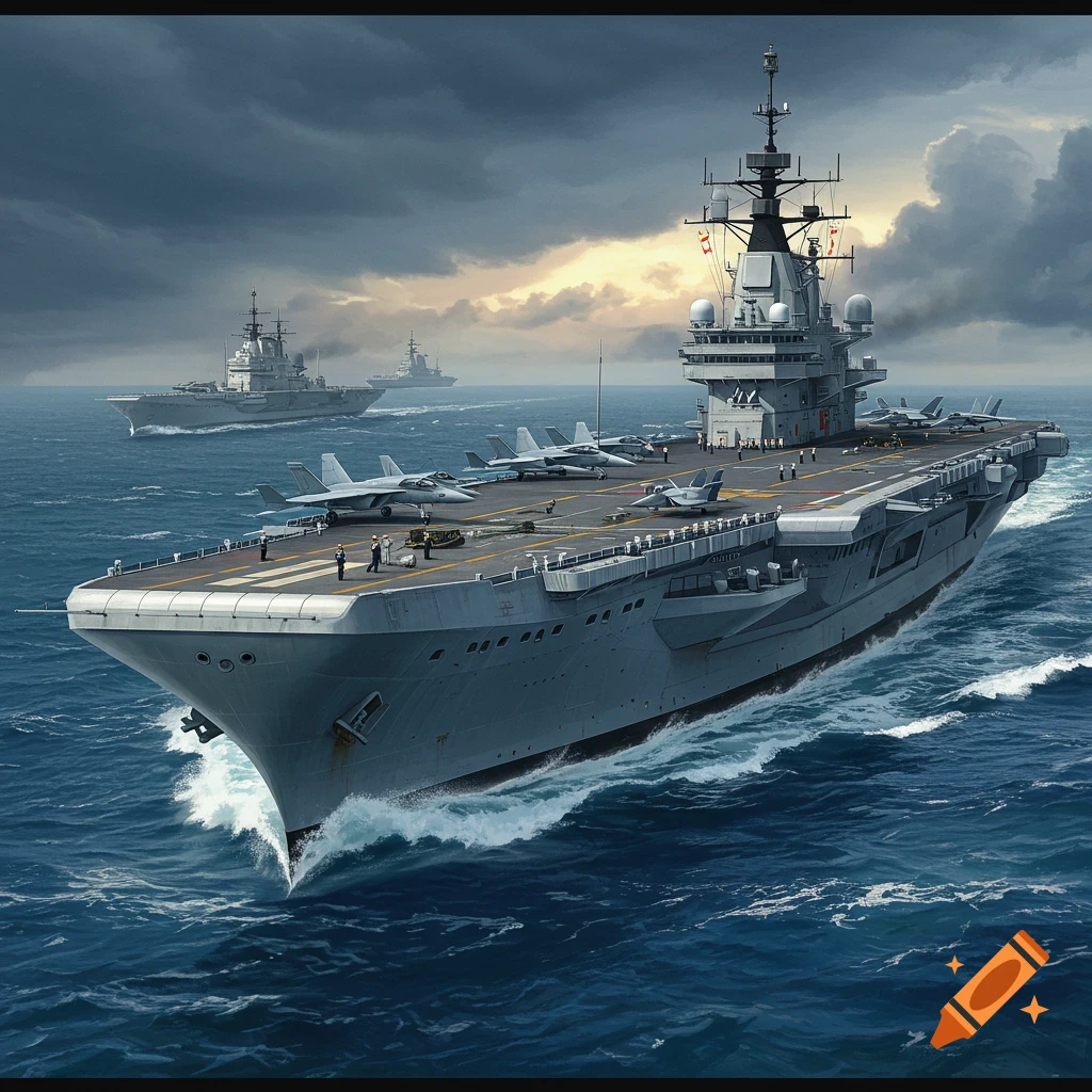 A large aircraft carrier with fighter jets on its deck sails through choppy blue waters under a dramatic, cloudy sky, followed by other warships.