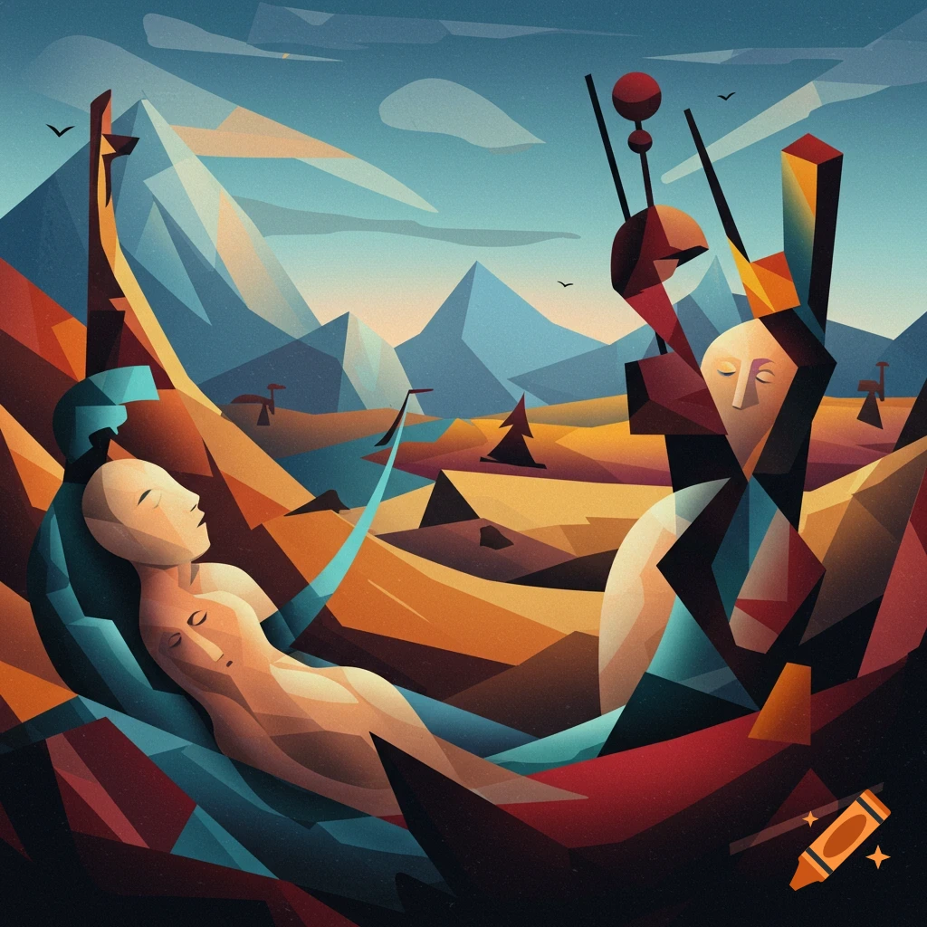 Cubist-style artwork with abstract figures in a geometric desert landscape with mountains under a blue sky.