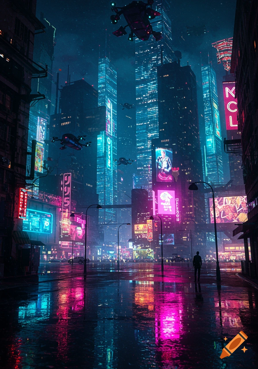 A futuristic cyberpunk city at night with towering skyscrapers, flying ...