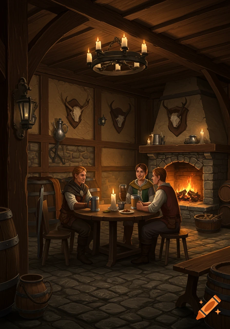 Three men drink at a wooden table in a cozy, candlelit fantasy tavern with a stone fireplace and wooden beams.