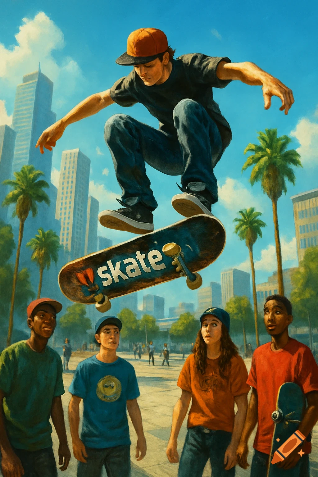 A male skateboarder leaps on his board with 'skate' written on it, observed by three young people in a vibrant, painterly urban scene.