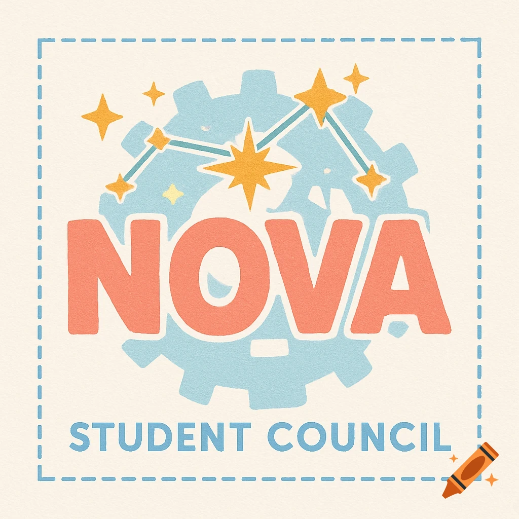 A cute, textured logo for NOVA Student Council, featuring a light blue gear, orange stars forming a constellation, and orange and blue text.