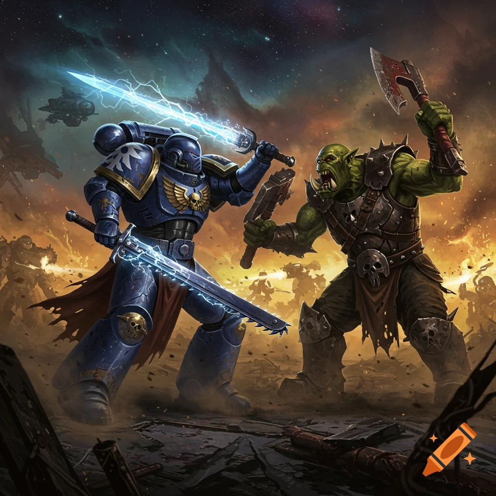 A blue Space Marine in armor wields two glowing power swords against a green-skinned Ork with an axe in a fiery space battle.