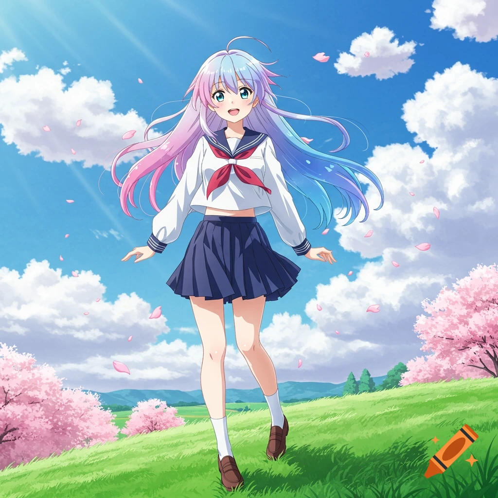 Smiling anime girl with pastel pink and blue hair in a school uniform, standing in a sunny field with cherry blossoms.