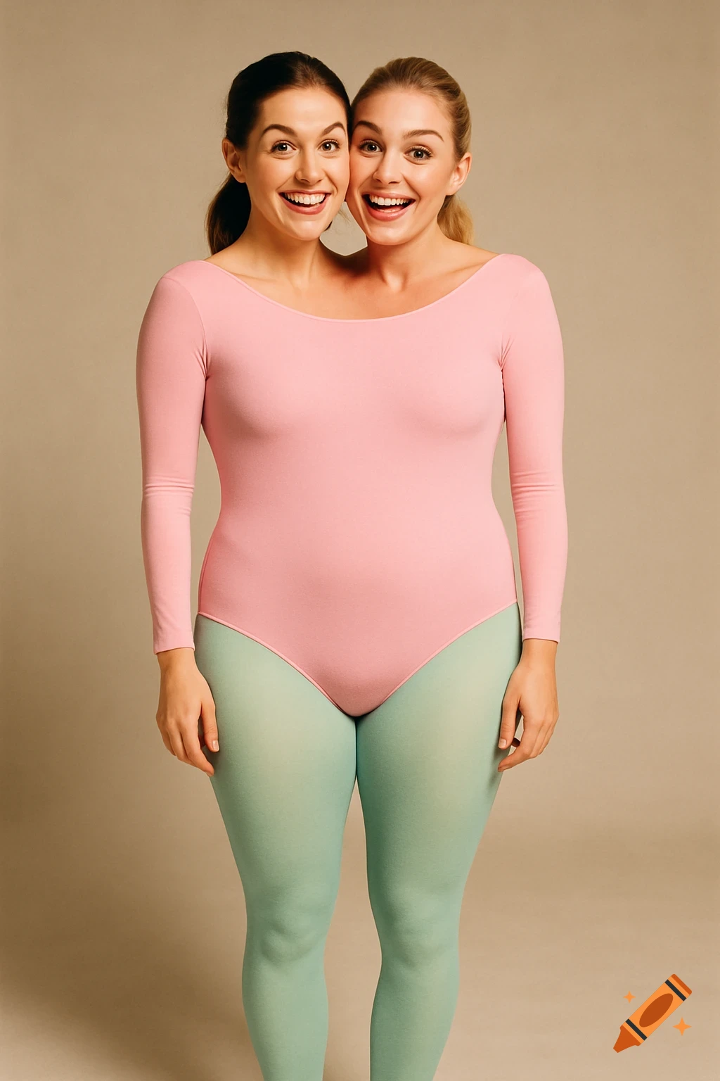 Two smiling women in a conjoined illusion, wearing a pink leotard and green tights in a studio portrait.