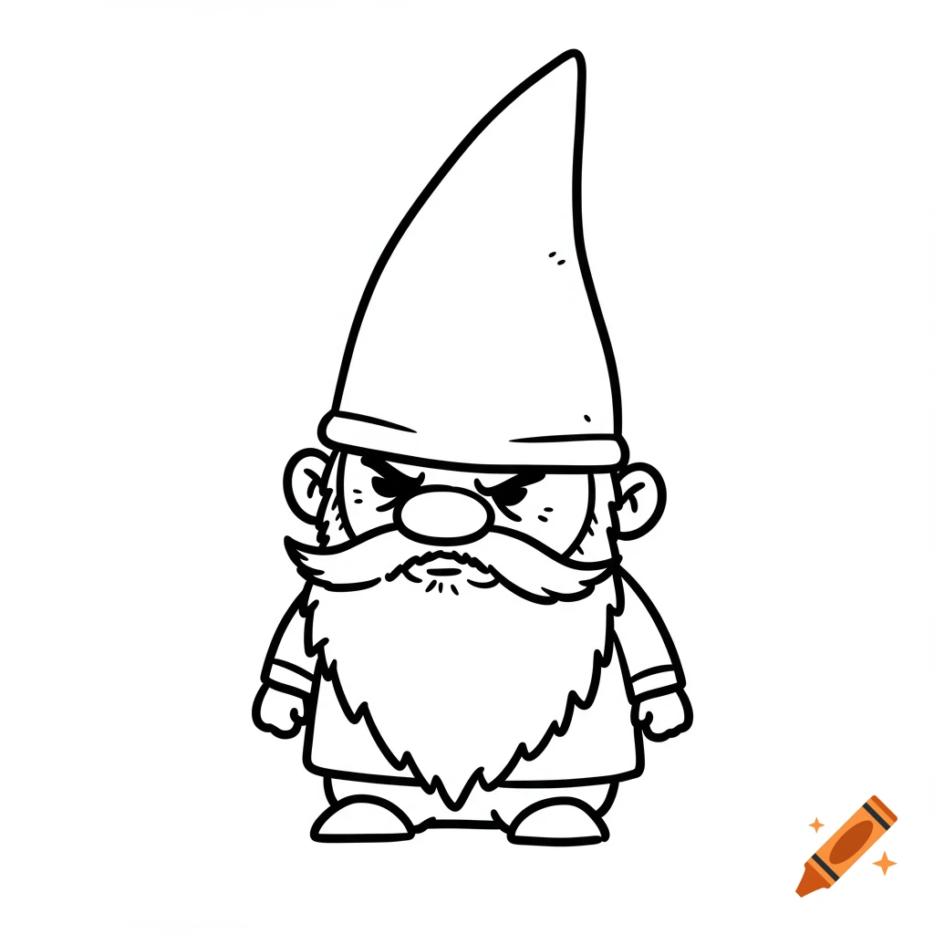 A simple vector doodle of an angry gnome with a pointy hat and big beard, black lines on a white background.